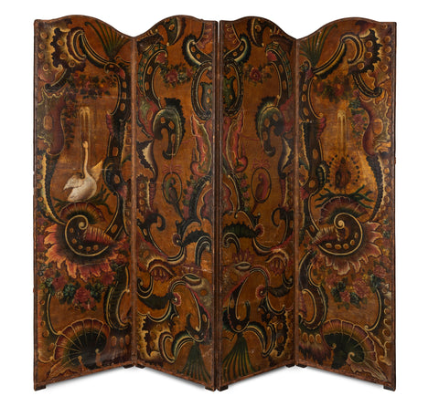 A 19th Century Spanish Painted and Gilt Leather Four Fold Screen