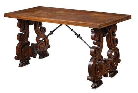 An Italian Walnut Table with Iron Stretcher, Late 18th Century