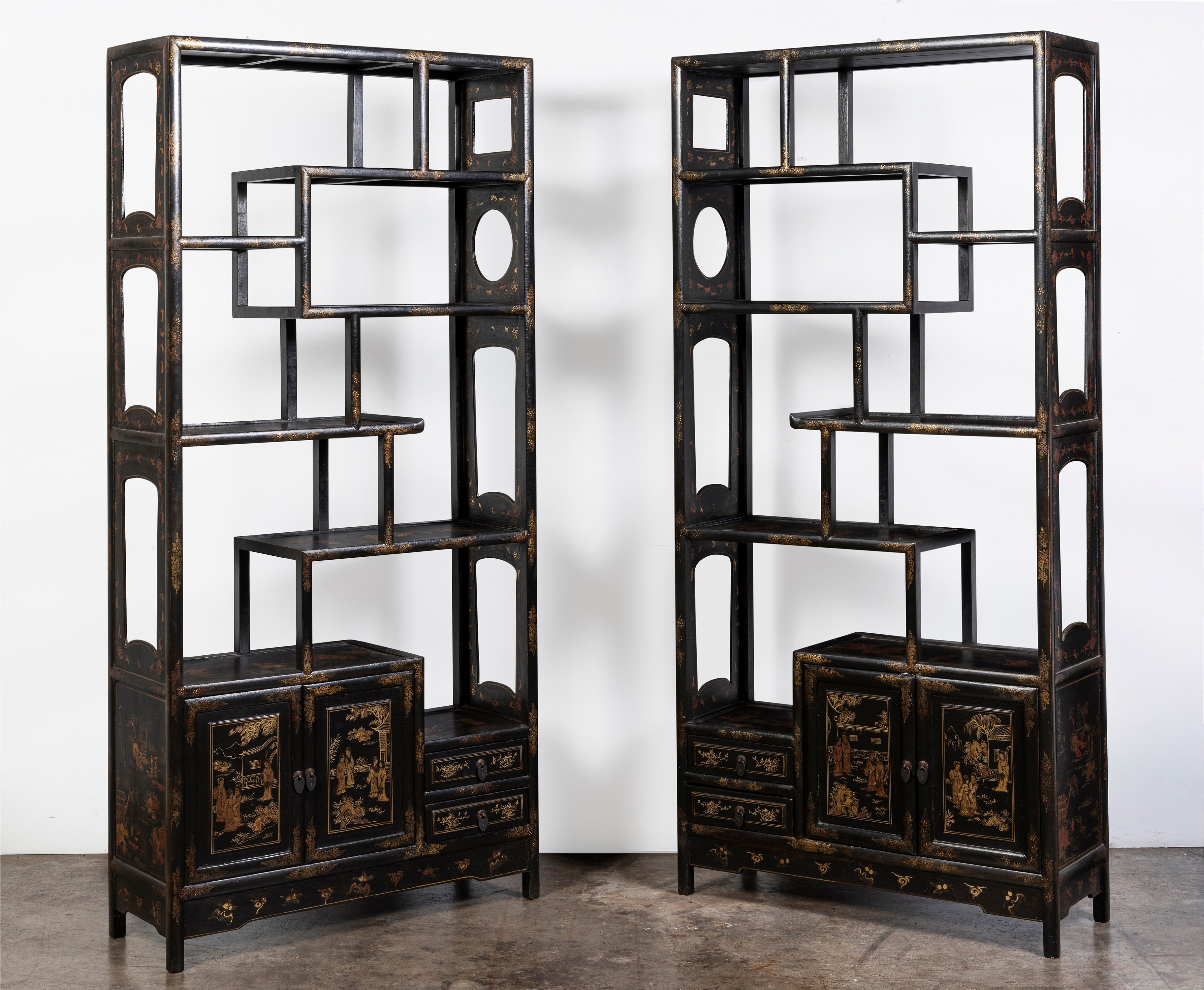 A Pair of Open Form Chinoiserie Book Shelves