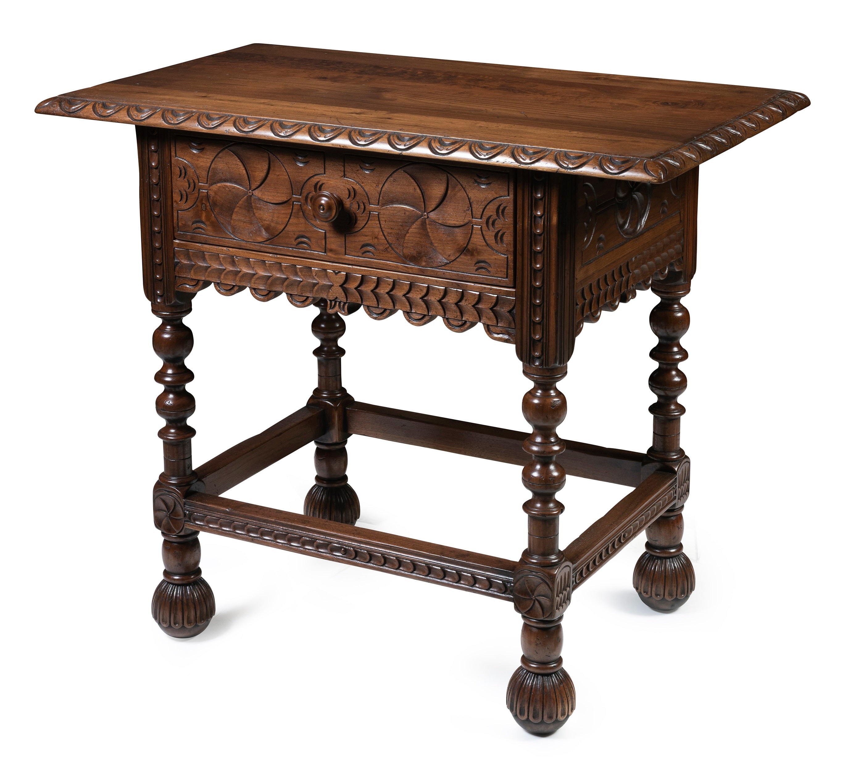 A Pair of Walnut Portuguese Style Side Tables with Single Drawer