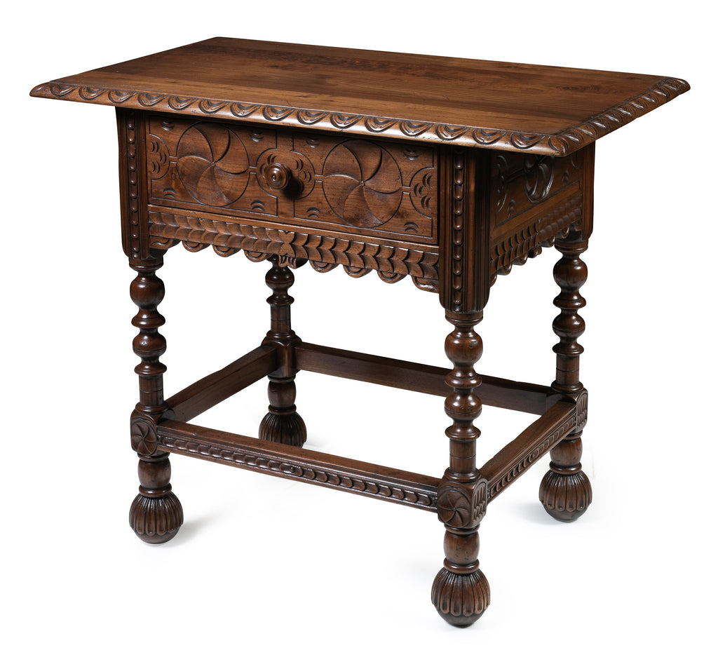 A Pair of Walnut Portuguese Style Side Tables with Single Drawer