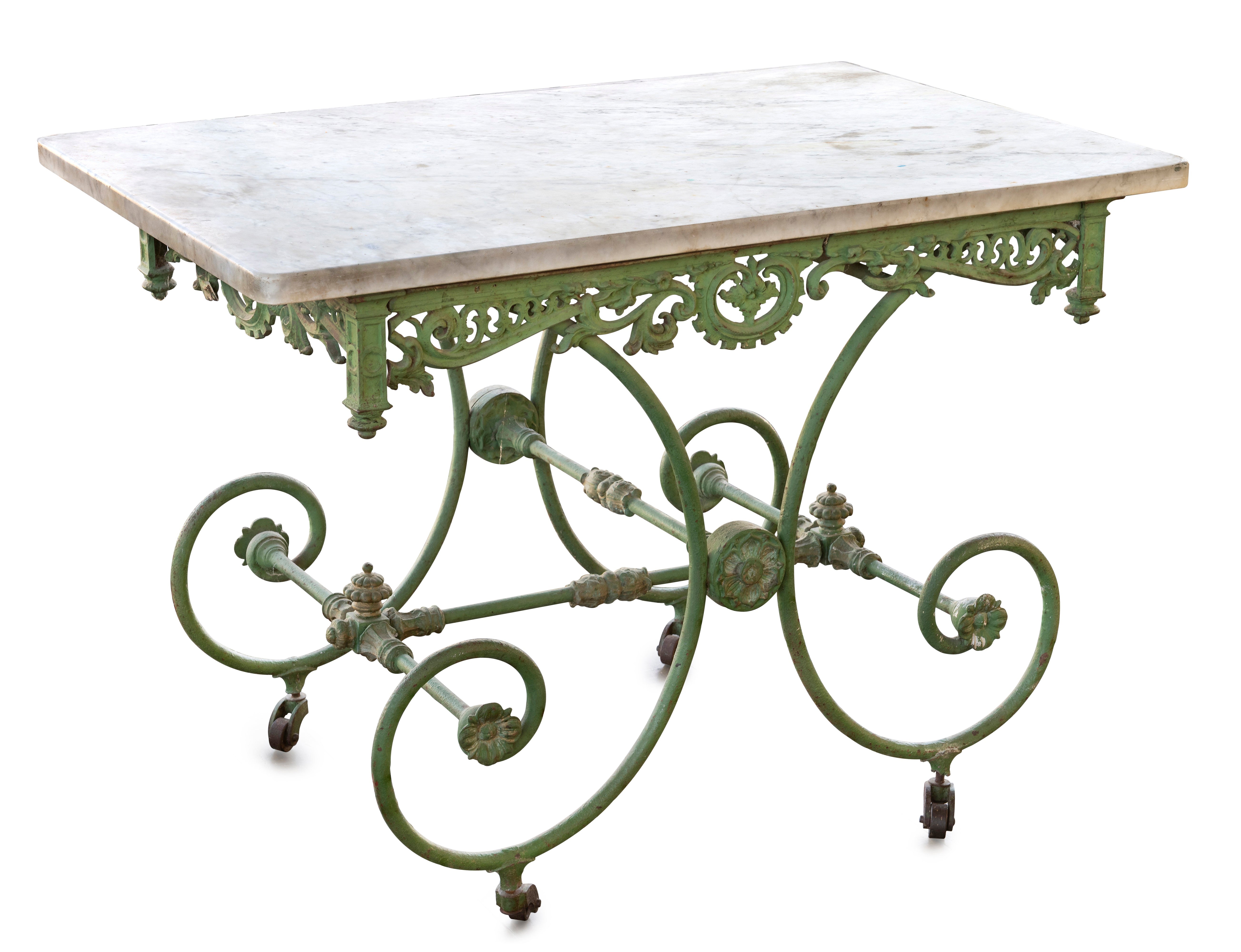A 19th Century French Marble Top Butchers Table on Wrought Iron Base