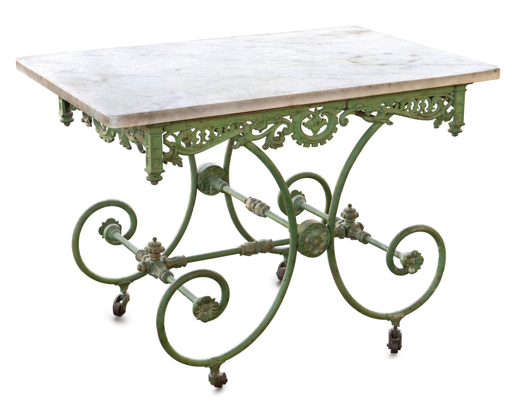 A 19th Century French Marble Top Butchers Table on Wrought Iron Base