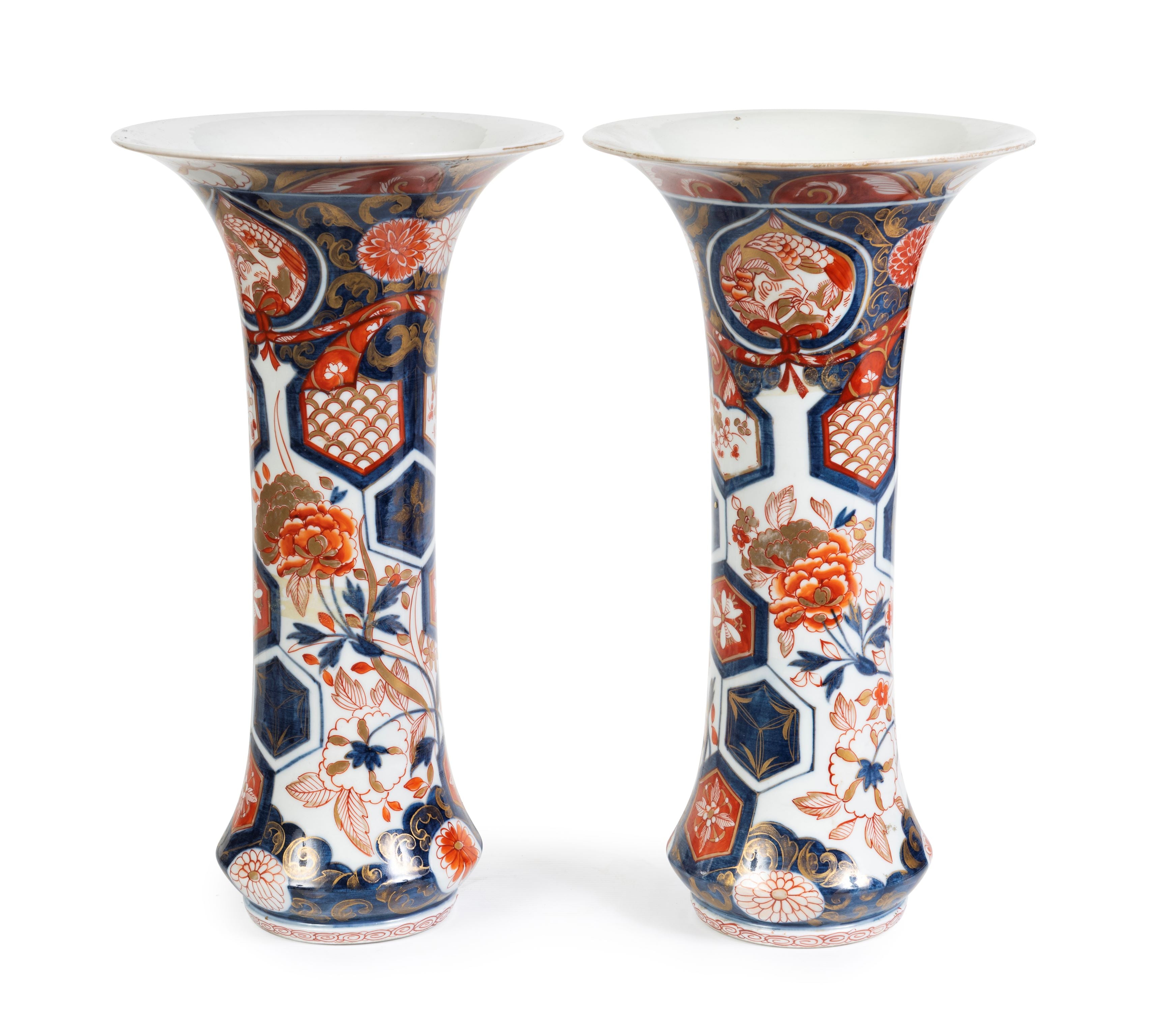 A Pair of Edo Period Japanese Imari Cornet Shaped Vases, 19th