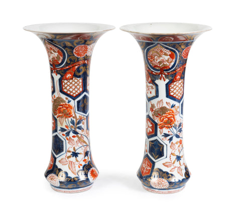 A Pair of Edo Period Japanese Imari Cornet Shaped Vases, 19th
