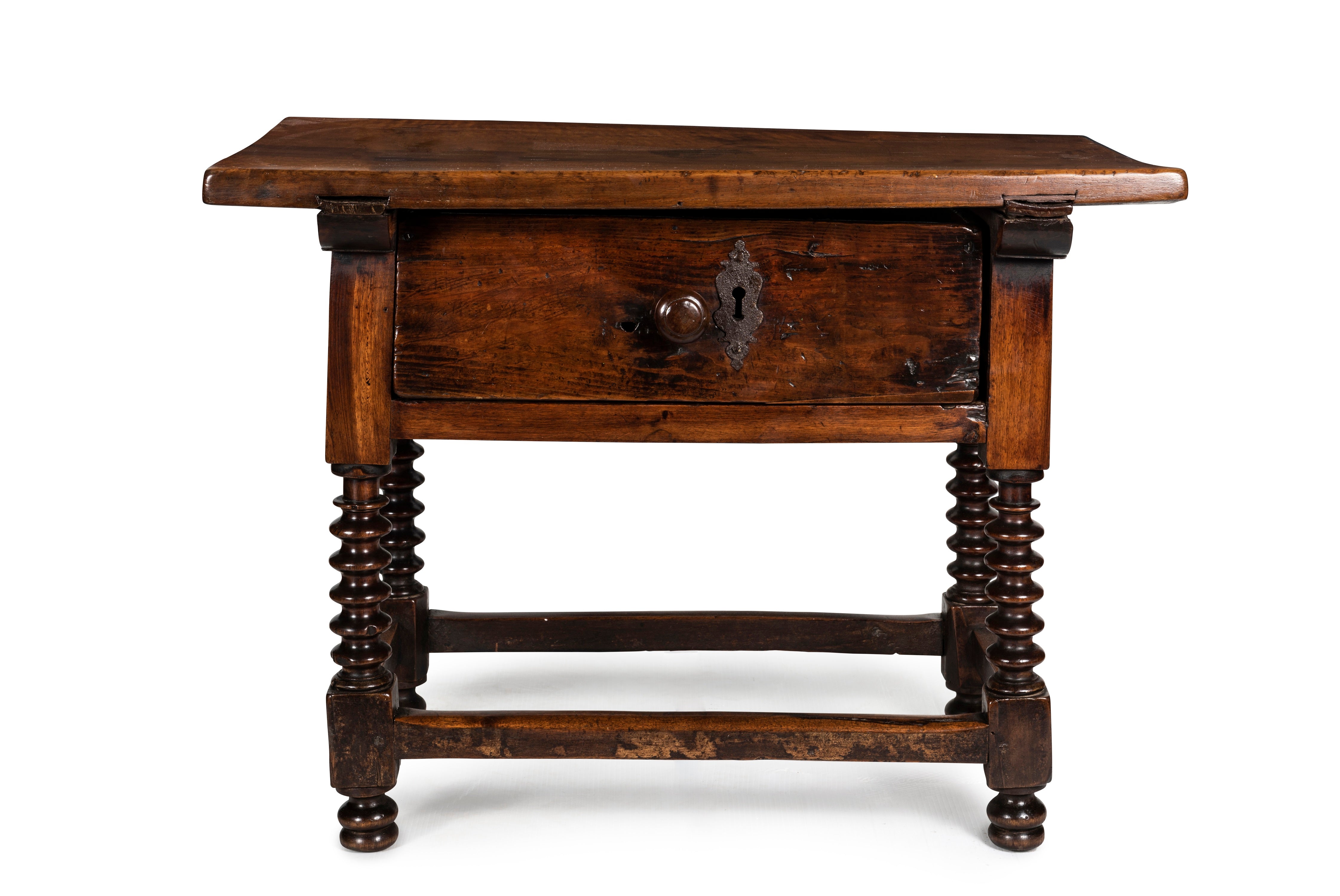 An Antique Spanish Walnut Side Table with Escutcheon