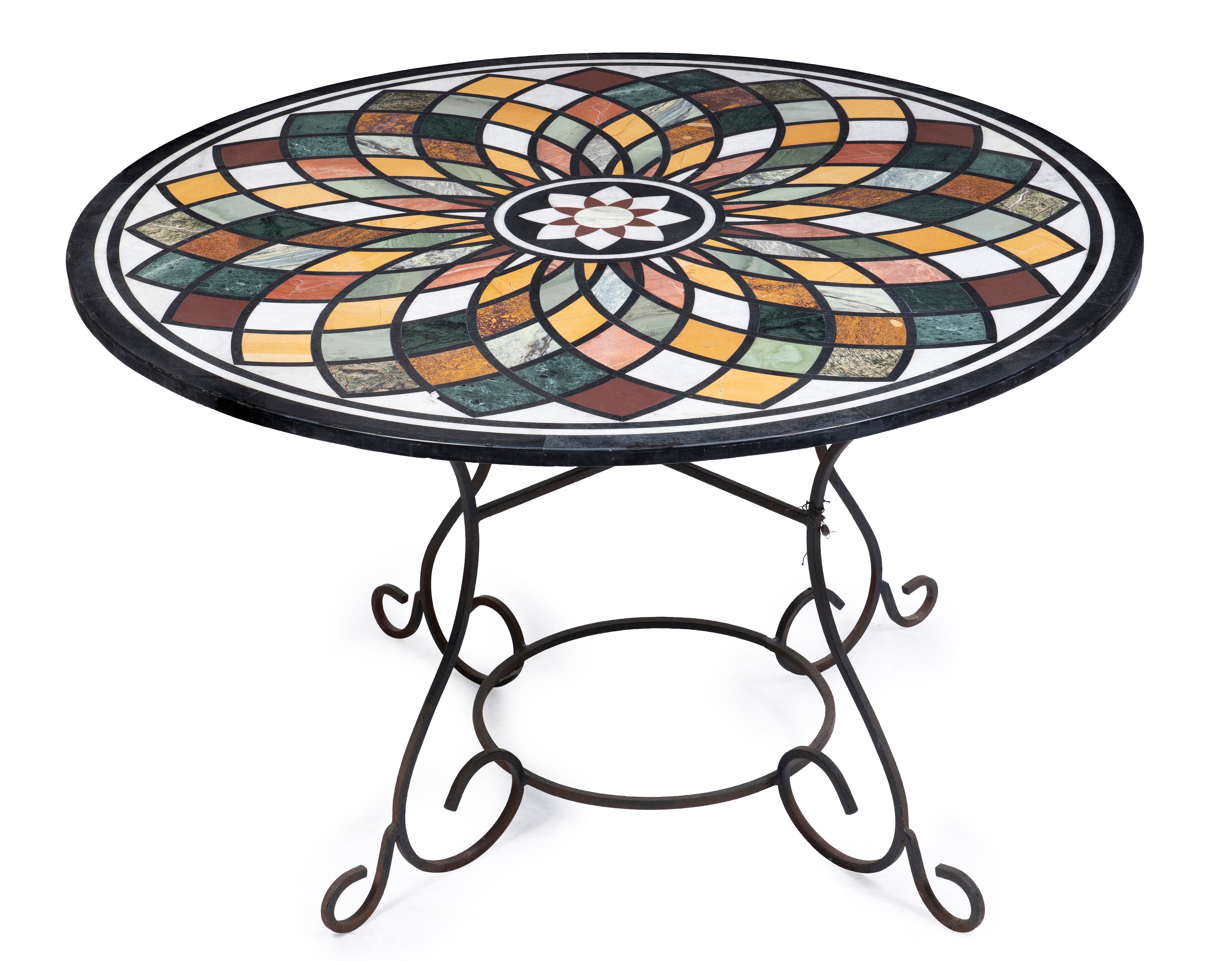A Pietra Dura Centre Table on Wrought Iron Table