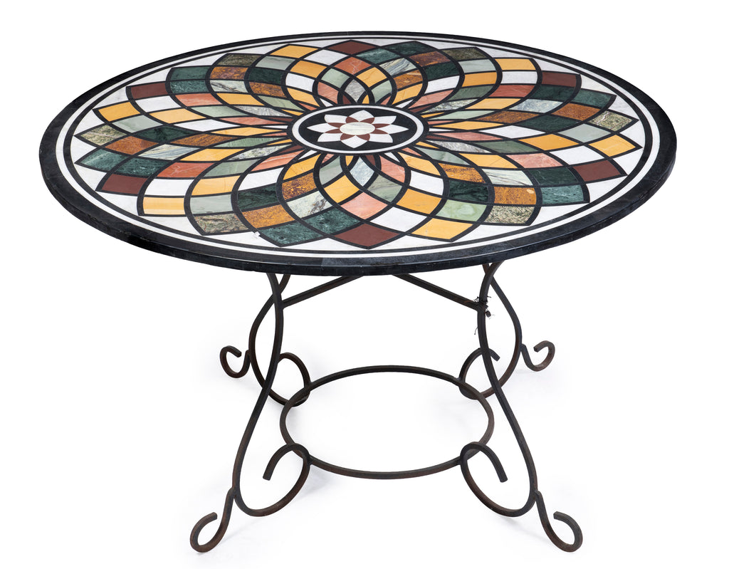 A Pietra Dura Centre Table on Wrought Iron Table