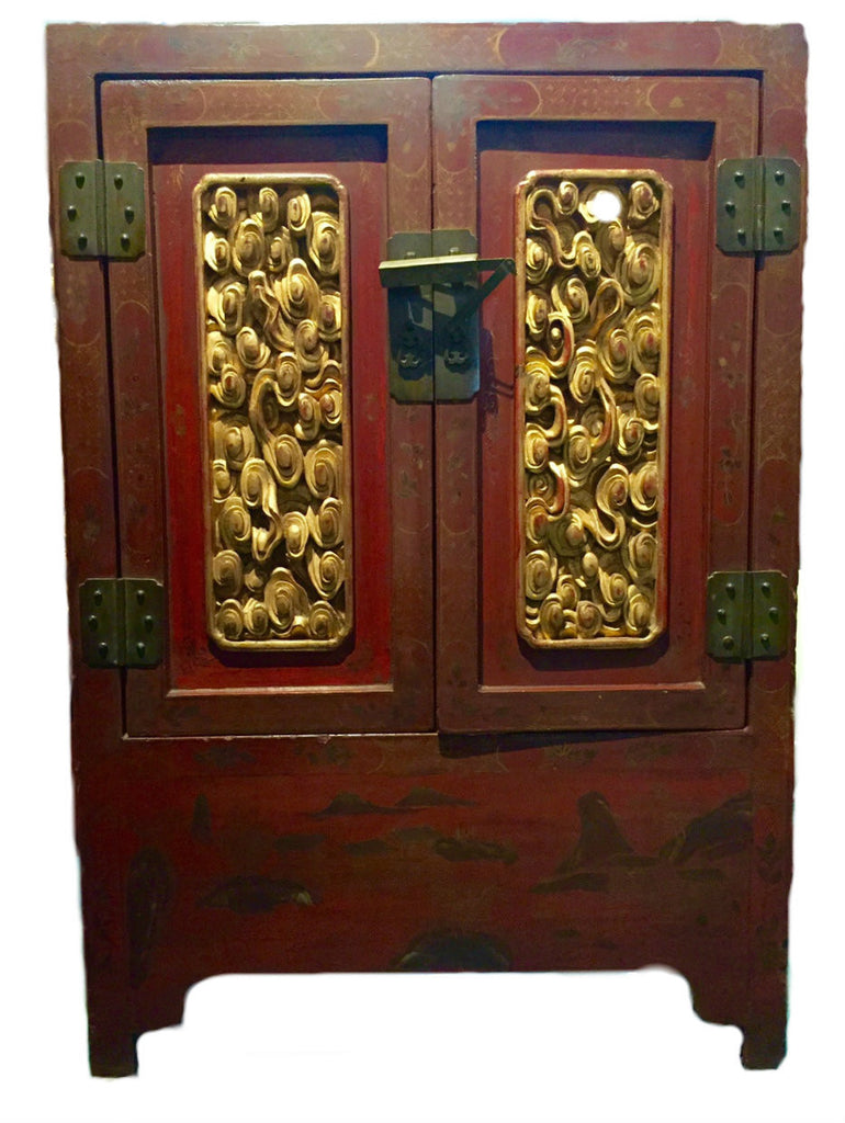 A Pair of Antique Chinese Red Lacquered Cabinets