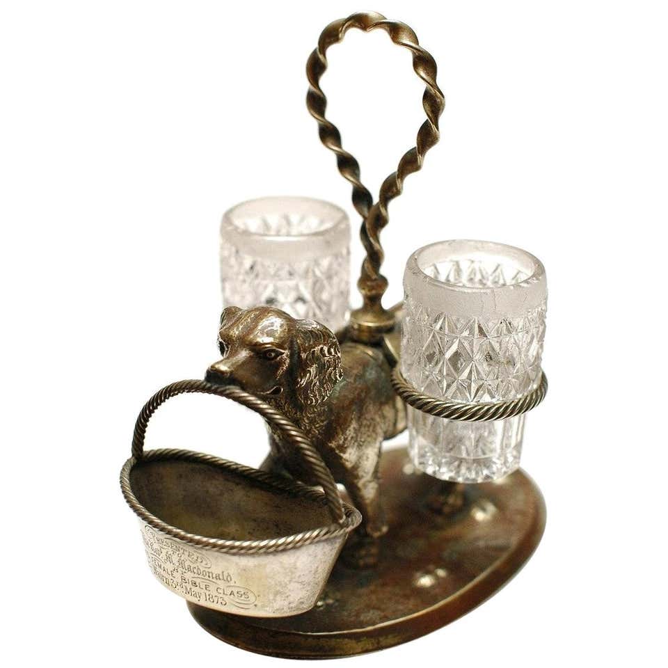 A Late 19th Century Scottish Victorian Silver Plate Retriever Double Cruet Set