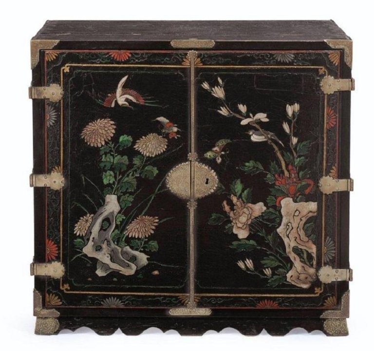 An 18th Century Black Lacquered Brass and Chinese Coromandel Cabinet on Stand