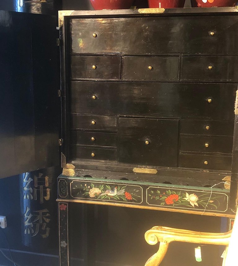 An 18th Century Black Lacquered Brass and Chinese Coromandel Cabinet on Stand