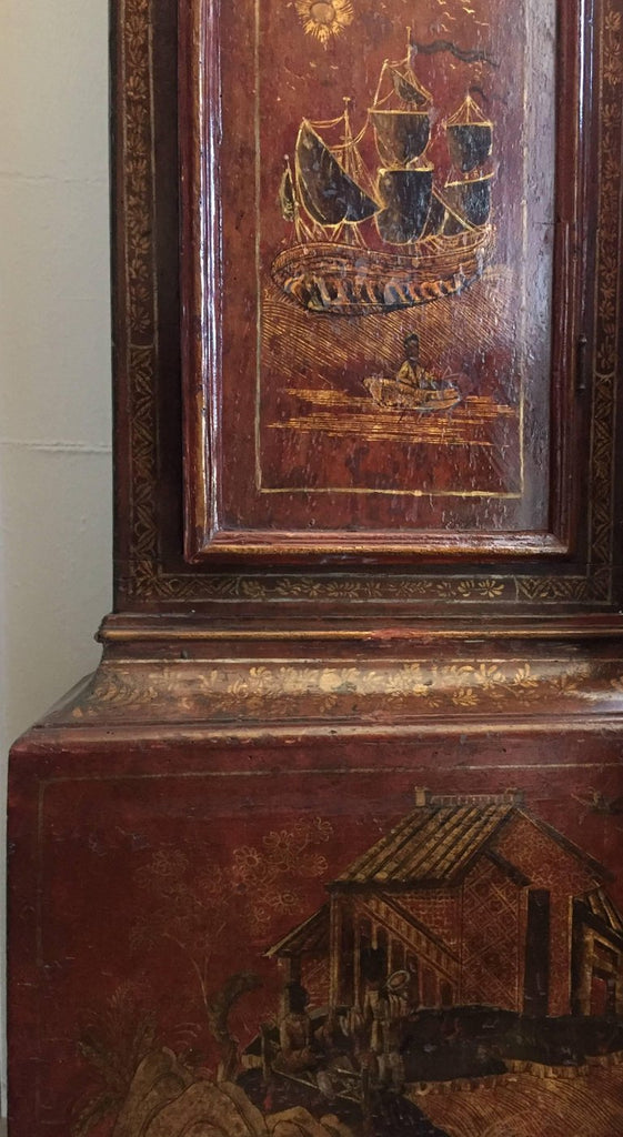 A Late 19th Century English Red Lacquered and Brass Chinoiserie Long Case Clock