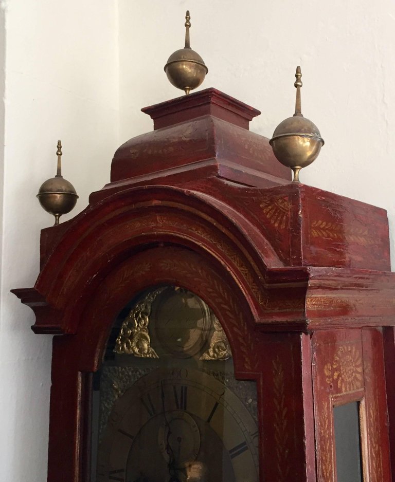 A Late 19th Century English Red Lacquered and Brass Chinoiserie Long Case Clock