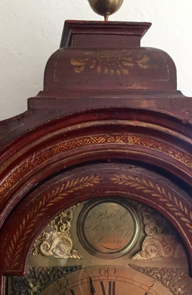 A Late 19th Century English Red Lacquered and Brass Chinoiserie Long Case Clock