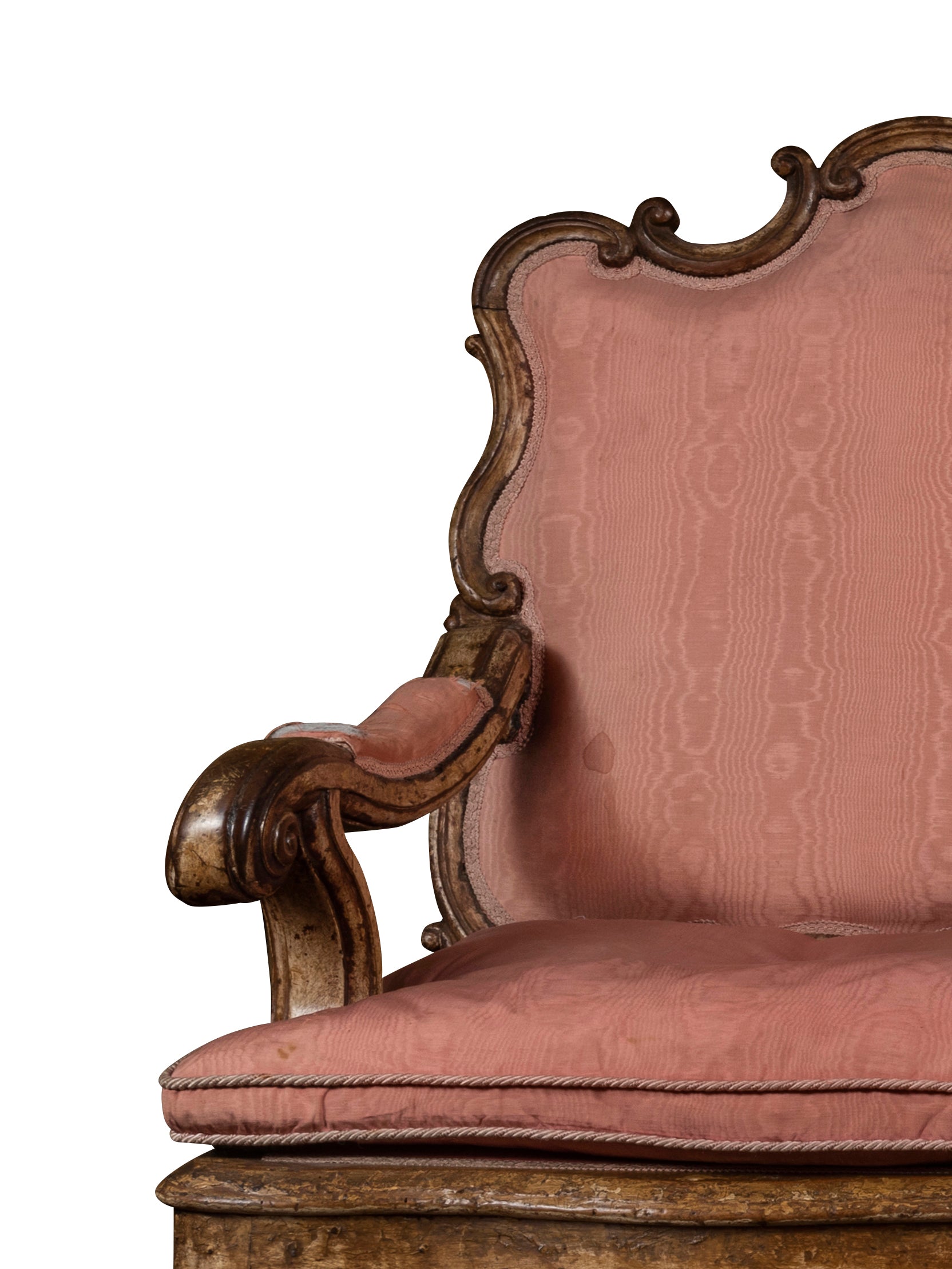 A Late 17th Century  Italian Walnut Three Seat Divano Upholstered in Pink Silk