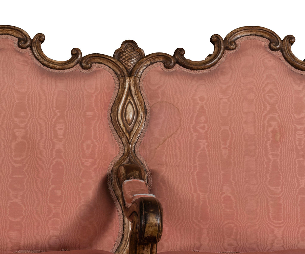 A Late 17th Century  Italian Walnut Three Seat Divano Upholstered in Pink Silk