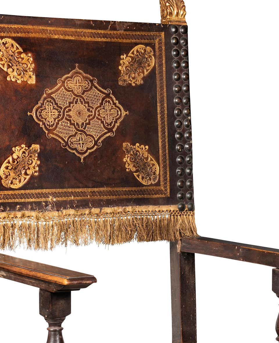 An 18th Century Italian Walnut Leather Upholstered and Studded Cardinals Chair