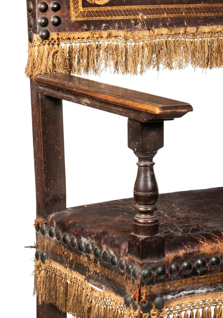 An 18th Century Italian Walnut Leather Upholstered and Studded Cardinals Chair