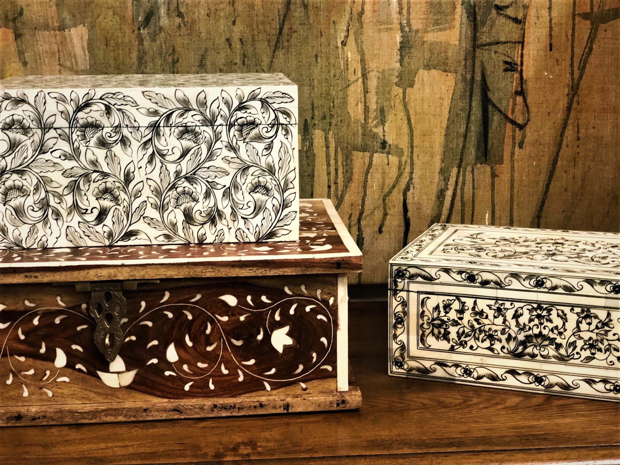 Bone Inlay Box with Foliated Scroll