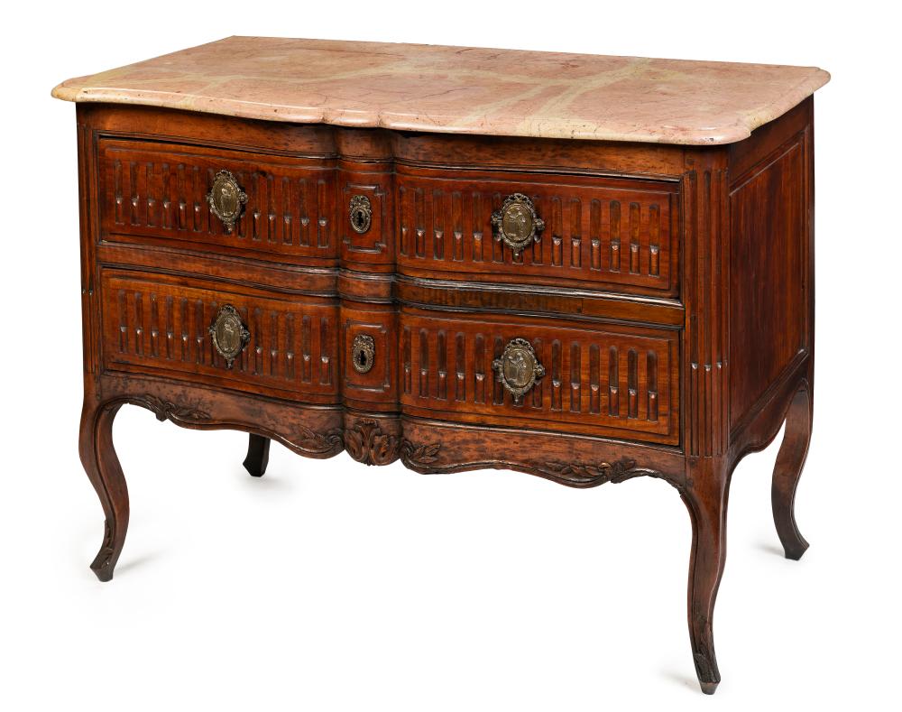 A Louis XV style marble top commode, French, 19th century