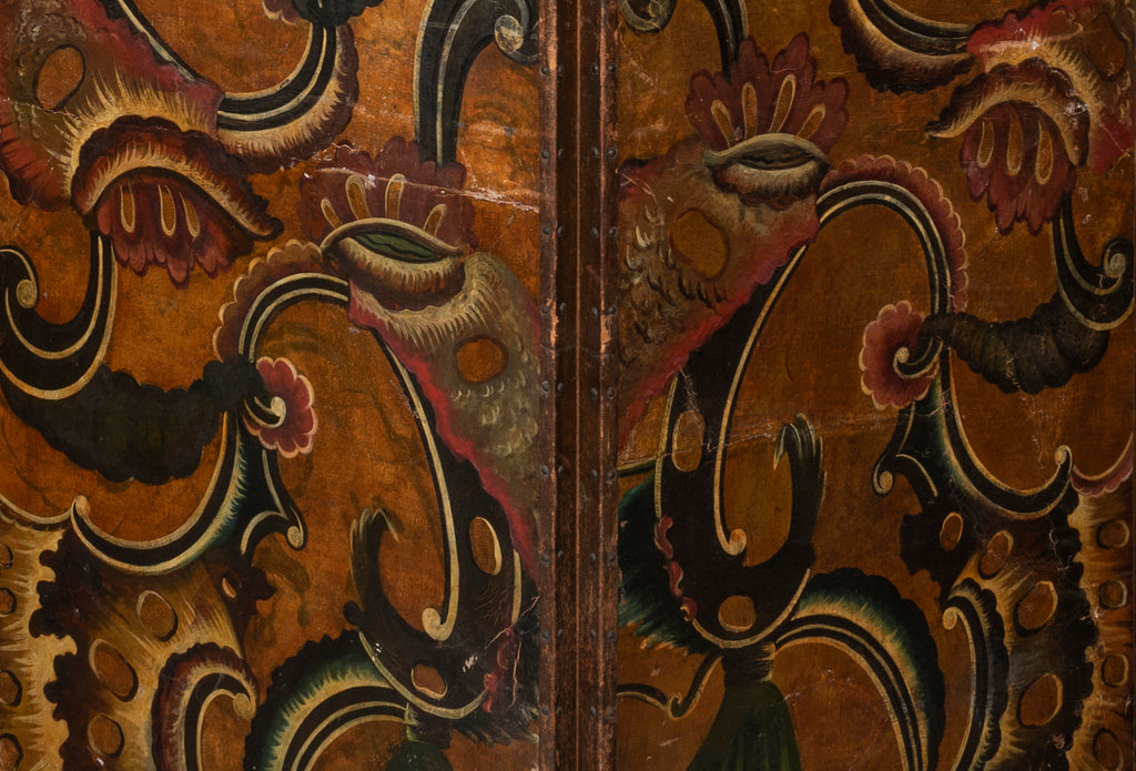 A 19th Century Spanish Painted and Gilt Leather Four Fold Screen