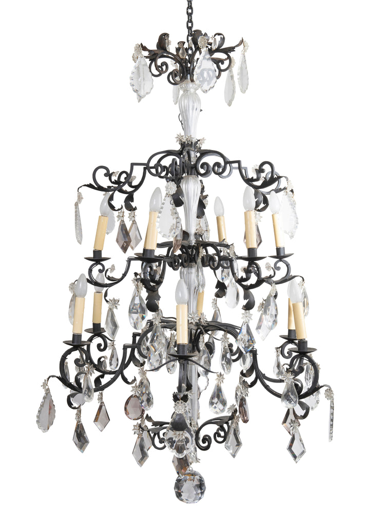 A Pair of Twelve-Light Large Wrought Iron and Crystal Chandeliers