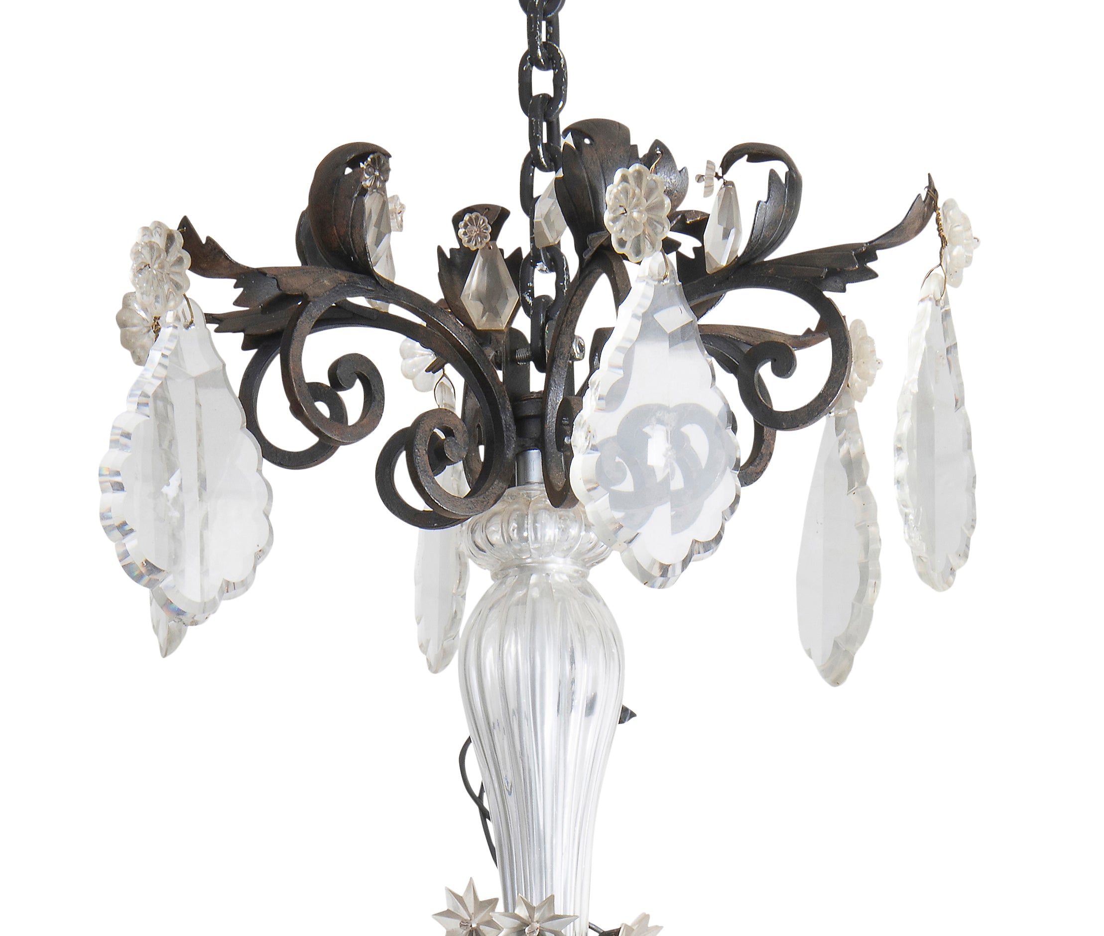 A Pair of Twelve-Light Large Wrought Iron and Crystal Chandeliers