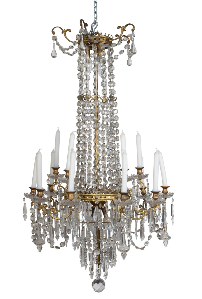 A Regency Style Eighteen-Light Brass and Cut-Glass Chandelier