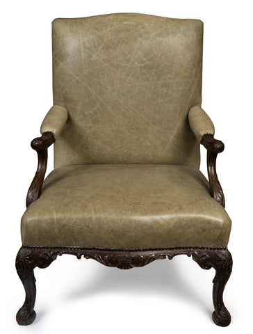 An Antique Queen Anne Fauteuil Upholstered in Olive Leather (GS 247)