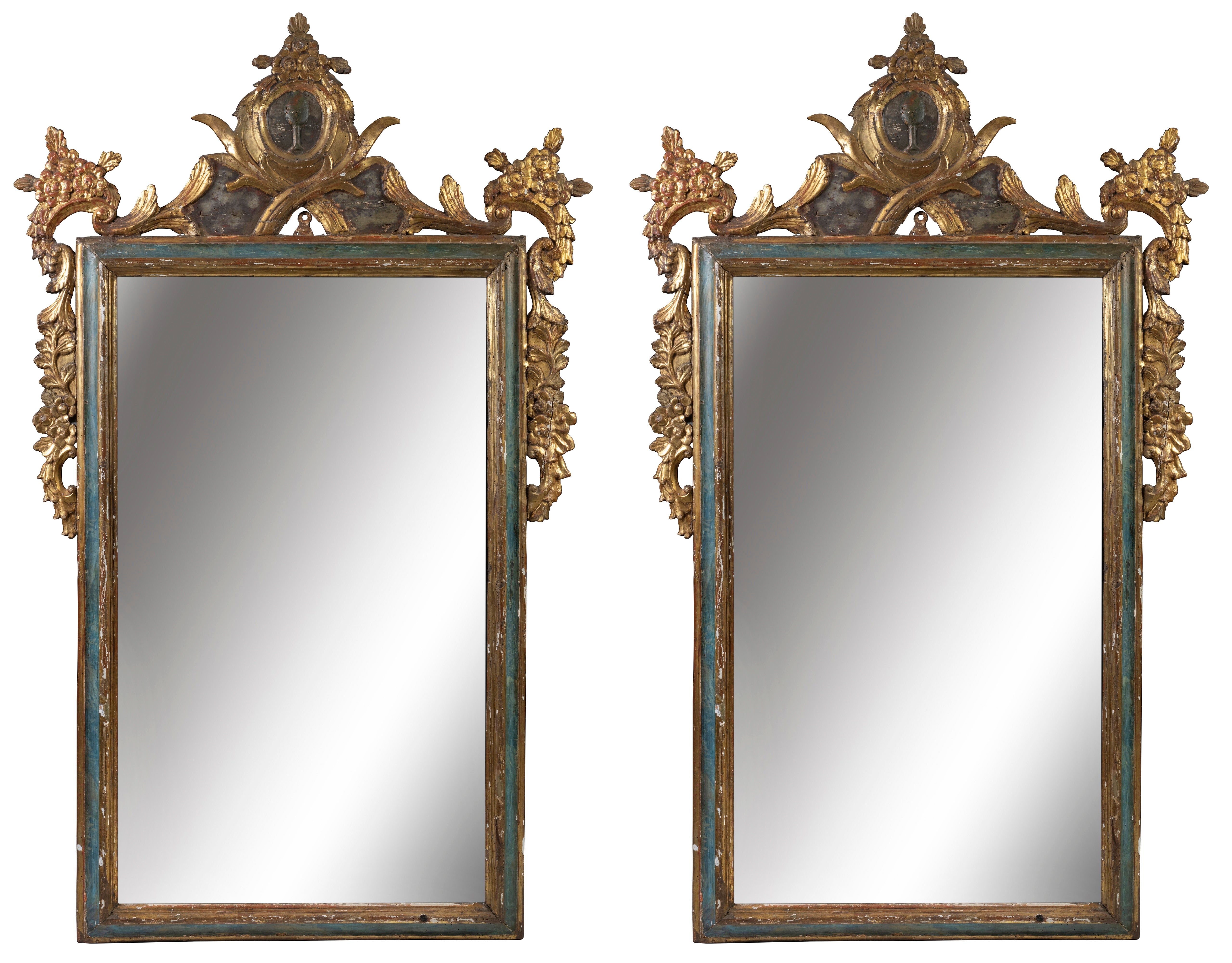 A Pair of 18th Century Italian Giltwood and Polychrome Mirrors