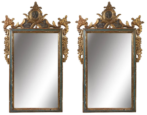 A Pair of 18th Century Italian Giltwood and Polychrome Mirrors