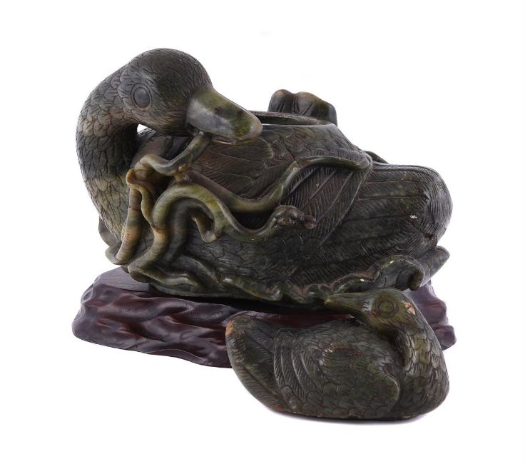 A Chien Lung (1736 1795) Spinach Jade Duck and Duckling on Timber Base