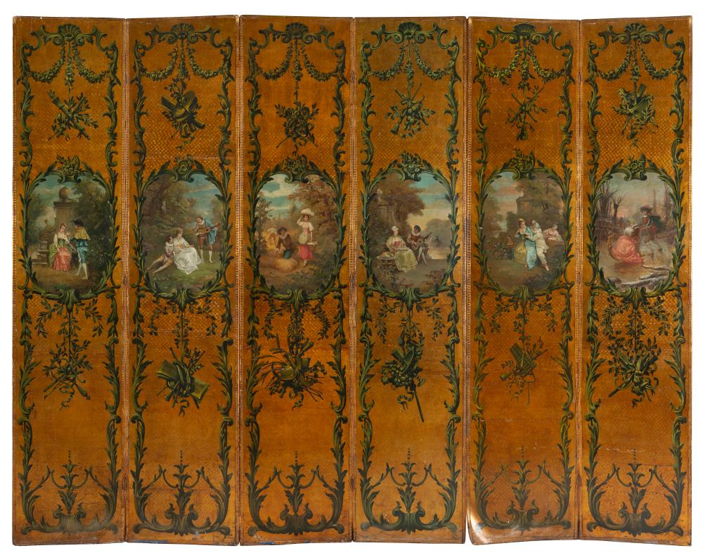 A 19th Century French Painted Leather Six Panel Screen