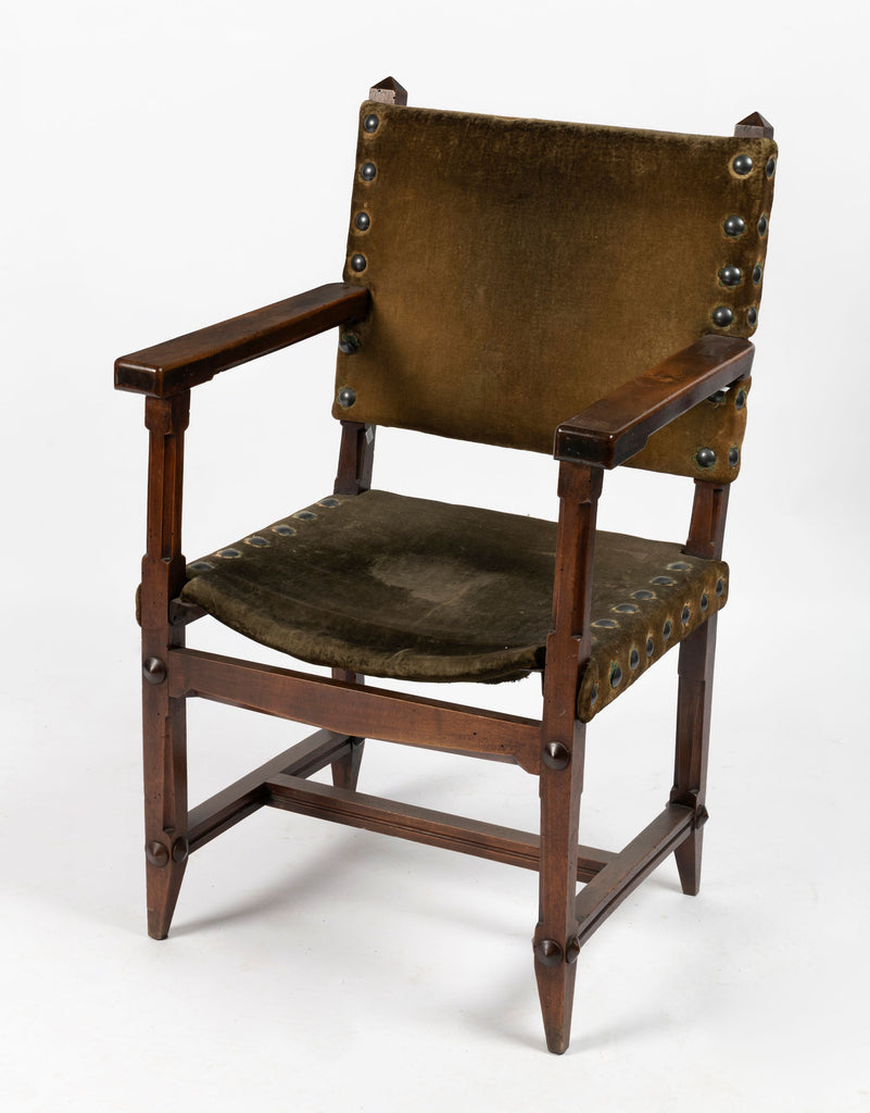 An English Studded Green Velvet Friar's Armchair