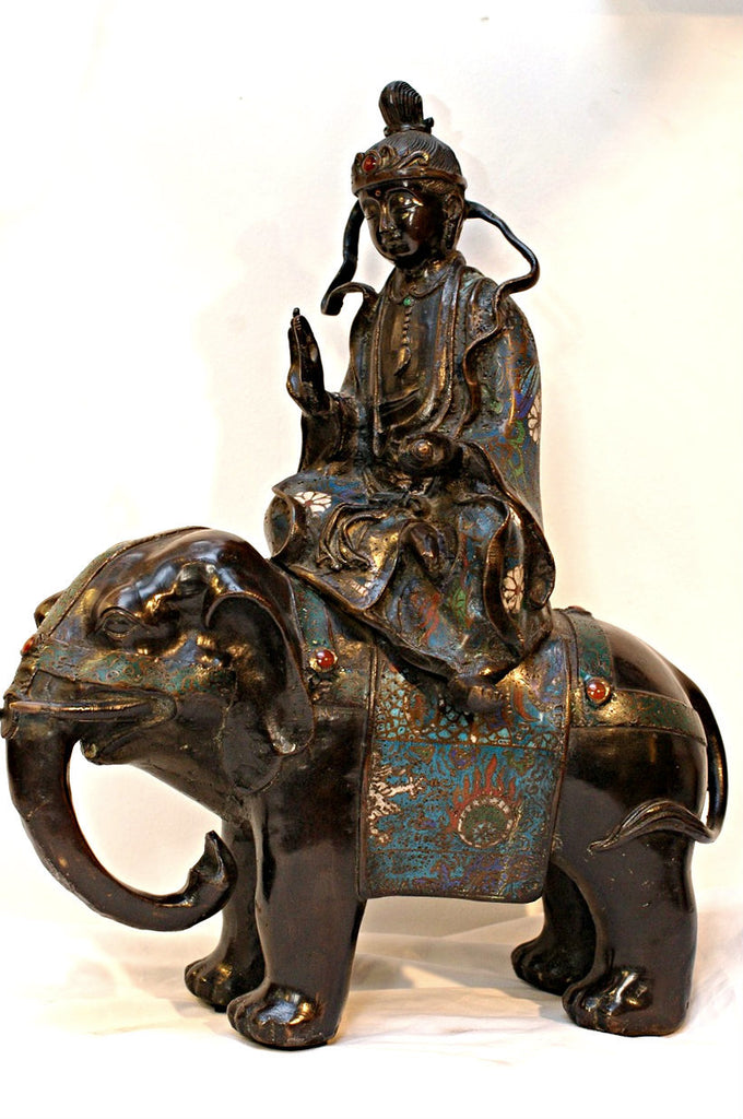 An Antique Chinese Bronze and Cloisonne Group of Guanyin Seated on Elephant, Qing Dynasty (1644-1911), Chia Ching (r. 1796-1820)