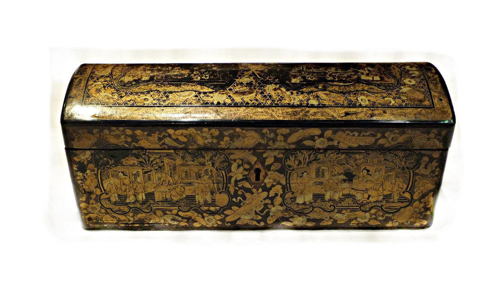 A Chinoiserie Rectangular Chest Shaped Box with Dome Lid