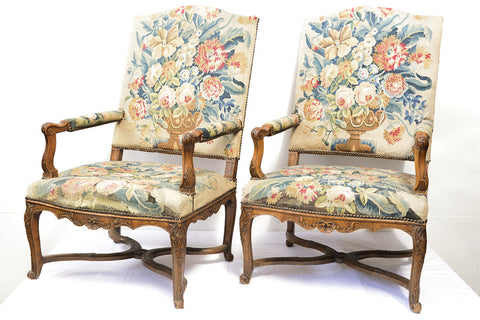 A Pair of Louis XV Walnut Framed Armchairs