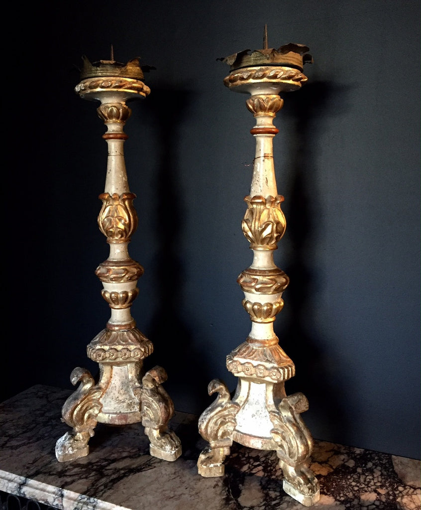 Two Pairs of Spanish Baroque Style White Painted and Parcel Gilt Torcheres