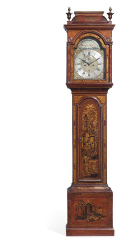 A George II Scarlet and Gilt-Japanned Tall Case Clock