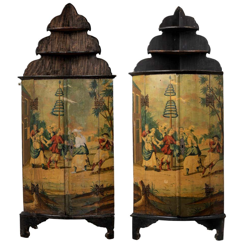 A Pair of 19th Century Dutch Polychrome Painted Corner Cupboards