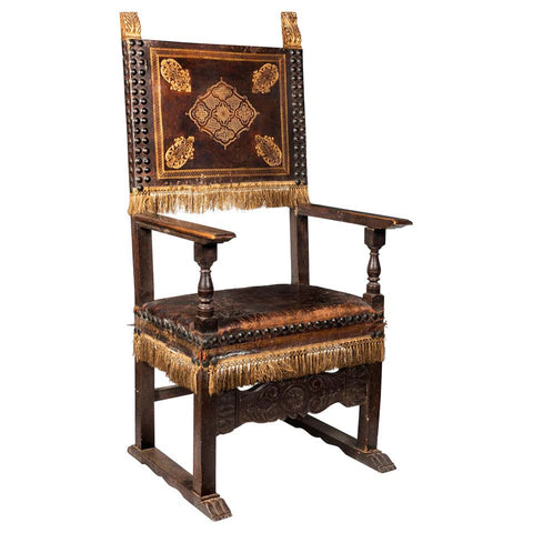 An 18th Century Italian Walnut Leather Upholstered and Studded Cardinals Chair