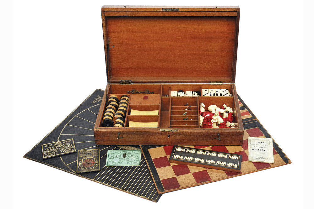A Timber Games Box With Assorted Paraphernalia, 19th Century