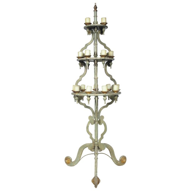 A Pair of Early 19th Century French Green and White Painted Wooden Candelabra