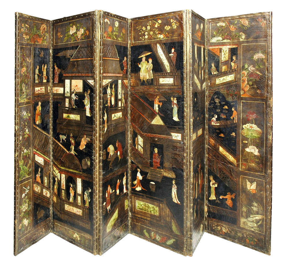 An 18th Century Dutch Five Fold Polychrome and Gilt Lacquered Chinoiserie Leather Screen