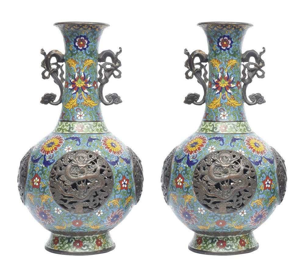 A Pair of Chinese Cloisonne Vases with Pierced Sides, Qianlong Mark