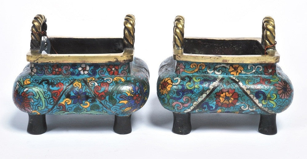A Pair of Chinese Cloisonne Censers Square Rounded