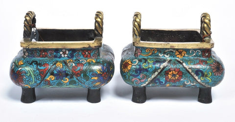 A Pair of Chinese Cloisonne Censers Square Rounded