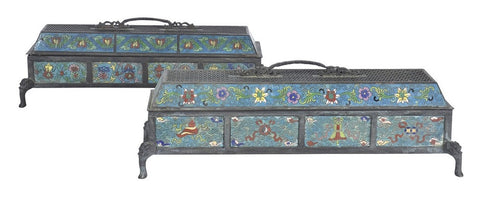 A Pair of Low Rectangular Cloisonne Censers, Qianlong Mark