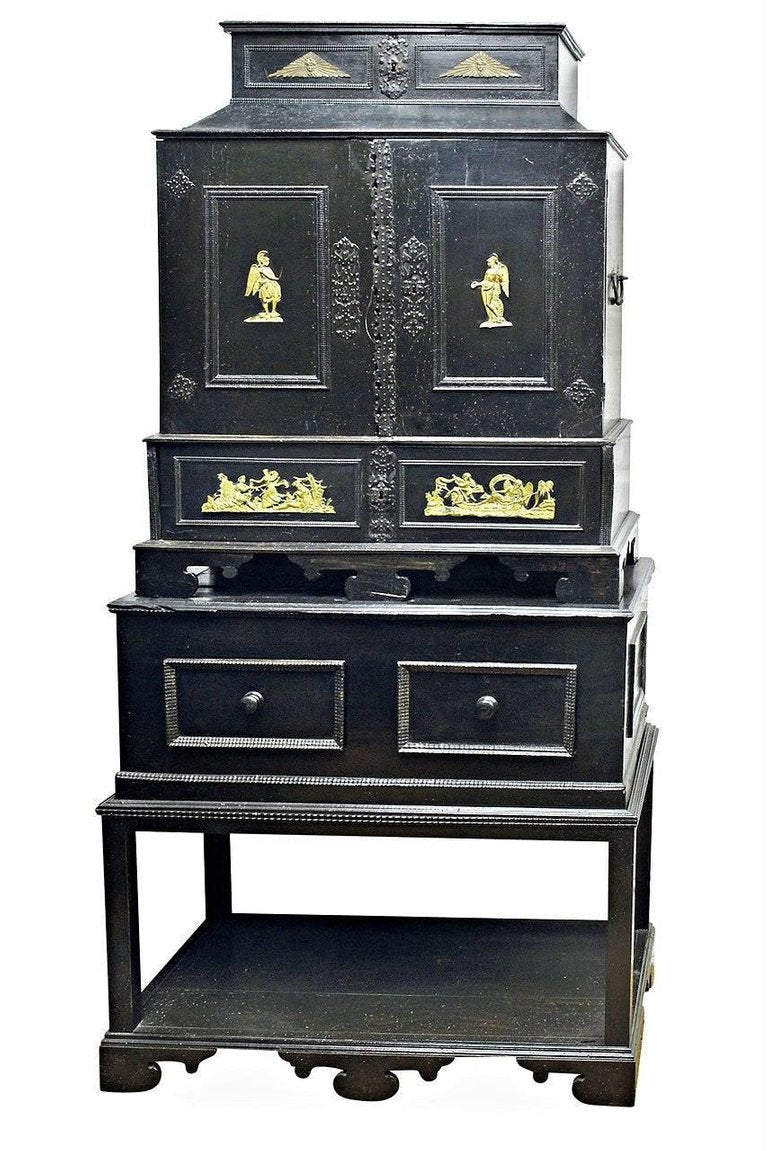 A Black 18th Century Flemish Ebonized Cabinet on Stand with Brass Ornamentation
